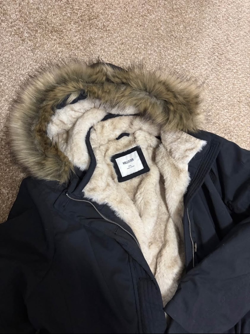 Hollister Navy Trench Coat with Faux-Fur Hood Lining